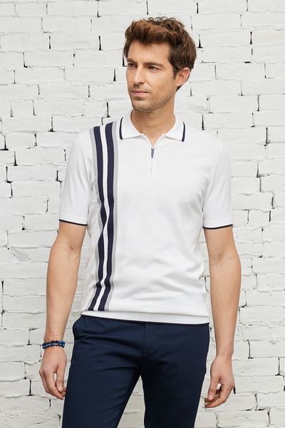 ALTINYILDIZ CLASSICS Men's White Lacquer Standard Fit Regular Cut Polo Neck 100% Cotton Patterned Short Sleeve Knitwear T-Shirt