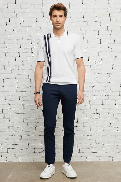 ALTINYILDIZ CLASSICS Men's White Lacquer Standard Fit Regular Cut Polo Neck 100% Cotton Patterned Short Sleeve Knitwear T-Shirt
