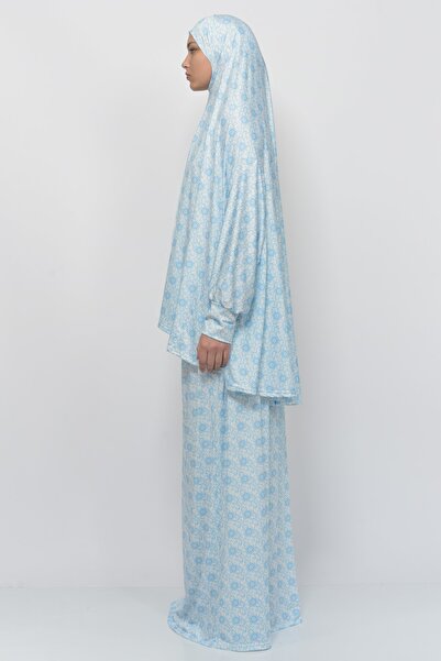 Altobeh Practical Two Pieces Sun Patterned Bat Sleeve Hijab Lycra Muslim Prayer Dress 992-0310