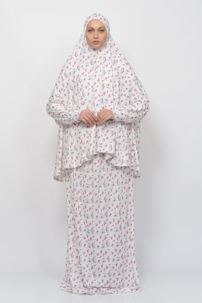 Altobeh Πρακτικό φόρεμα προσευχής με λουλουδάτο σχέδιο δύο τεμαχίων με μανίκια νυχτερίδας και μαντήλι κεφαλής L ελαστικό ύφασμα Hijab 992-0201