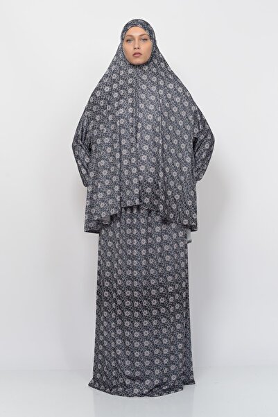 Altobeh Practical Two Pieces Sun Patterned Bat Sleeve Hijab Lycra Muslim Prayer Dress 992-0302