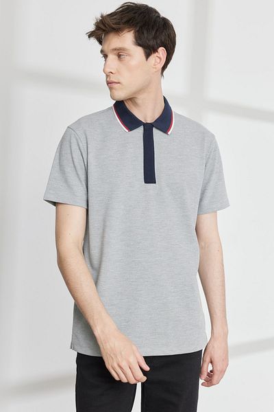 ALTINYILDIZ CLASSICS Pánské šedé tričko Melange Slim Fit Úzký střih Polo výstřih s krátkým rukávem Bavlněné tričko