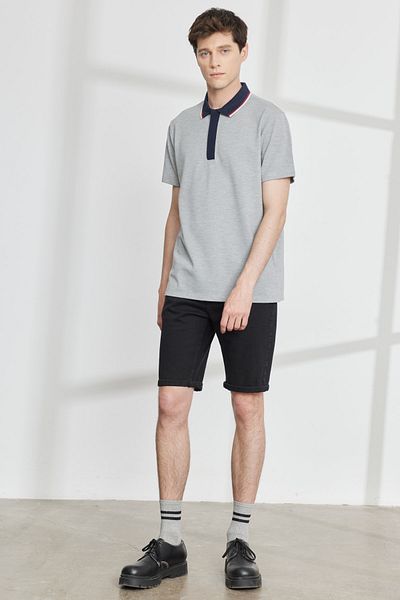 ALTINYILDIZ CLASSICS Pánské šedé tričko Melange Slim Fit Úzký střih Polo výstřih s krátkým rukávem Bavlněné tričko