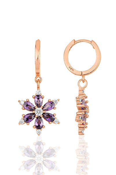 Bilsen Store Kadın 925 Ayar Gümüş Zincirli Rose Kaplama Ametist Damla Taşlı Lotus Kamelya Çiçeği Üçlü Set