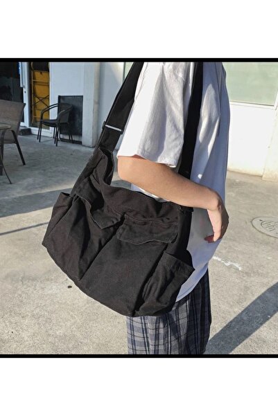 Gofeel Harajuku Vintage Unisex Kargo Cep Iç Hacmi Geniş Siyah Postacı Çanta