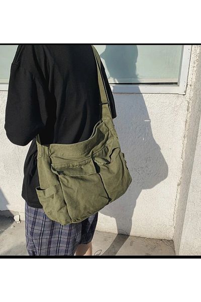 Gofeel Harajuku Vintage Unisex Cargo Pocket Inner Volume Large Khaki Green Messenger Bag