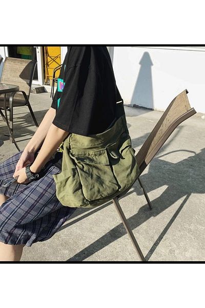 Gofeel Harajuku Vintage Unisex Cargo Pocket Inner Volume Large Khaki Green Messenger Bag