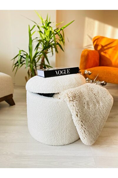 WEBPANYA Handmade X Large Beyaz Tedy Kumaş Sandıklı Silindir Dekoratif Pufidik Puf Bench