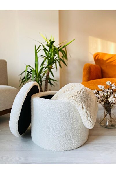 WEBPANYA Handmade X Large Beyaz Tedy Kumaş Sandıklı Silindir Dekoratif Pufidik Puf Bench