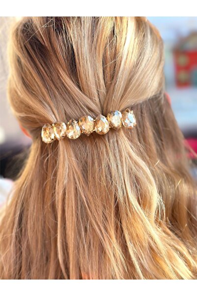 QUEEN AKSESUAR Gold Metal Luxury Crystal Cutting Sugar Glass Jewelled Buckle Automatic Clip Drop Model Gold