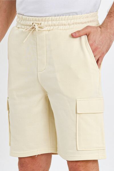ENQUE Чоловічі класичні шорти з еластичним поясом, багато кишень, прямий крій, бежеві