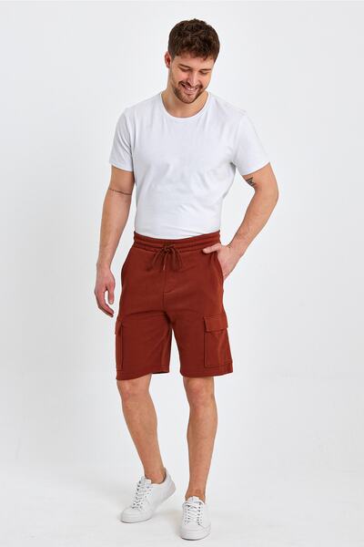 ENQUE Ανδρικό σορτς Classic Cargo με πολλές τσέπες ελαστικό απλό πλακάκι