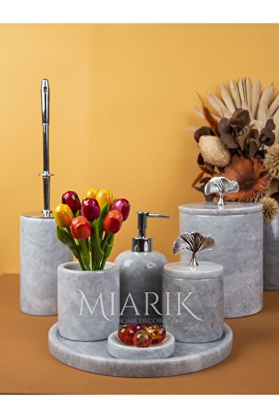 MIARIK DESIGN & DEKORASYON Dekoratif Mermer Sılver Gınko Cıcek Detaylı 7li Ba...
