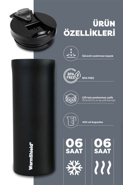 WarmShield Mat Siyah Çift Katmanlı Paslanmaz Çelik Termos Bardak 400 ml ( Kahve Çay Termosu )