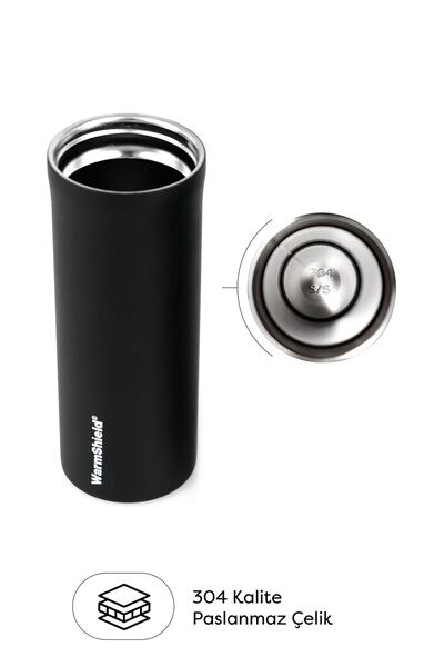 WarmShield Mat Siyah Çift Katmanlı Paslanmaz Çelik Termos Bardak 400 ml ( Kahve Çay Termosu )