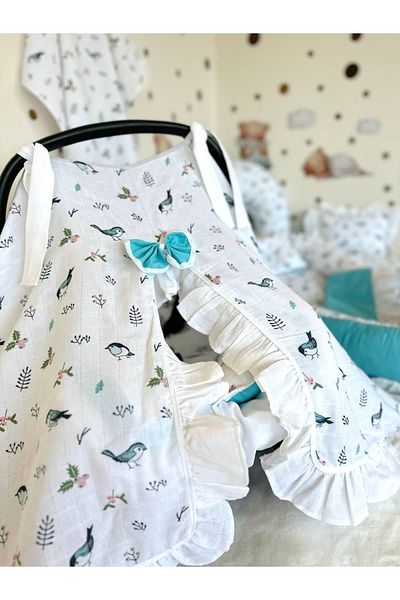 Babynest 3-Pack Stroller Cover / Baby Car Cover - White Muslin with Bird