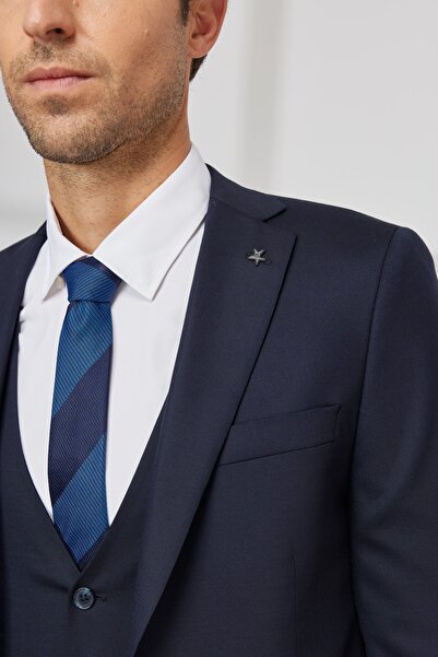 ALTINYILDIZ CLASSICS Erkek Lacivert Ekstra Slim Fit Dar Kesim Yünlü Armürlü Yelekli Takım Elbise