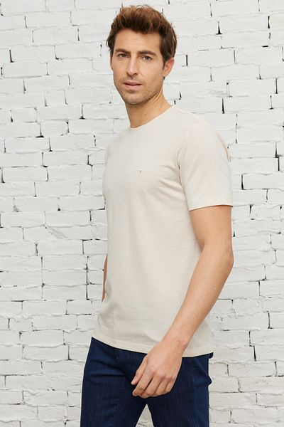 AC&Co / Altınyıldız Classics Men's Beige-white Easy-Iron Slim Fit Slim Fit Crew Neck Jacquard T-Shirt