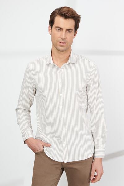 ALTINYILDIZ CLASSICS Cămașă cu dungi din bumbac, alb-bej, pentru bărbați, sli...