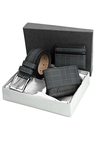 Forentina Erkek Gri Ekose Desen Kemer Cüzdan Kartvizit Hediye Set Erkek Arkad...