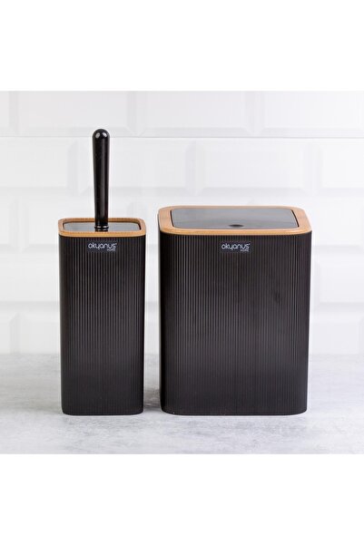 Okyanus Home Çizgili 2'li Ahşap Desenli Banyo Aksesuar Seti - Siyah
