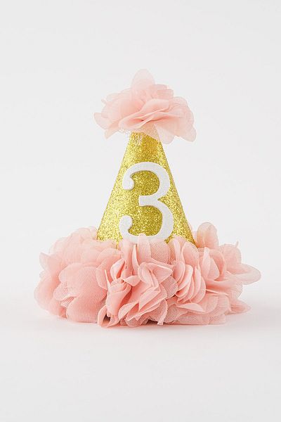 Banamio 3 Year Old Funnel Elastic Birthday Glitter Party Hat Crown (powder)