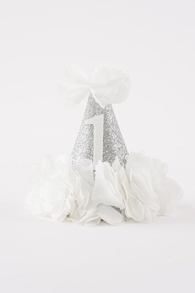 Banamio 1 Yaş Huni Lastikli Doğum Günü Simli Parti Şapka Tacı (gümüş-ekru)