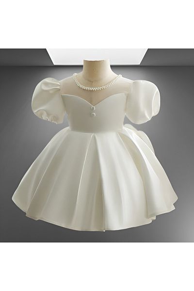 Wiolans White Satin Pearl Detailed Balloon Sleeve Special Design Dress