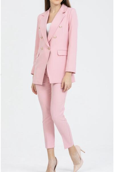 pembekurdelem Women's Blazer Jacket Belted Trousers Set Pink