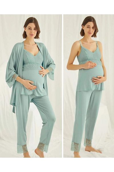 MONAMİSE 18469 Green Maternity 3-Piece Pajamas Dressing Gown