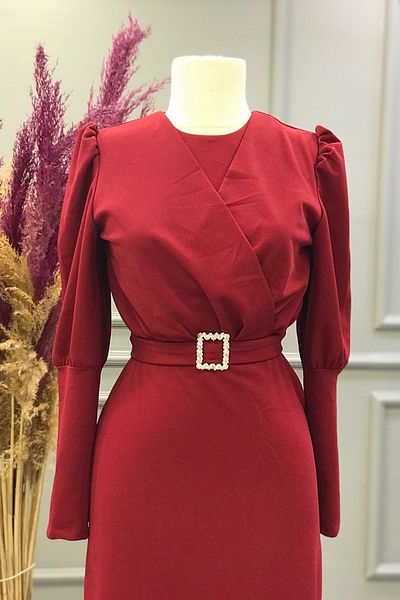 Ebrar Store Cross Front Detail Balloon Sleeve Pencil Dress-ge5110-burgundy