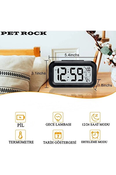 Pet Rock Lcd Işıklı Sensörlü Termometreli Alarmlı Dijital Masa Saati Pil