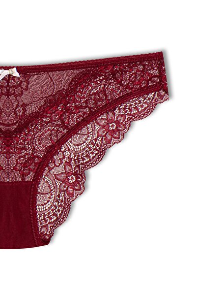 HNX Bordo Taş Ve Tül Detaylı Dantel Slip Kadın Külot