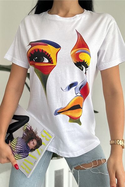 FEMELLE Tricou alb din bumbac 100% imprimat nou sezon pentru femei