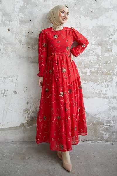 InStyle Φόρεμα Merlin Floral Κεντητό Σιφόν - Κόκκινο
