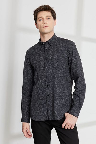 ALTINYILDIZ CLASSICS Cămașă cu imprimeu din bumbac, alb-negru, slim fit, cu guler cu nasturi
