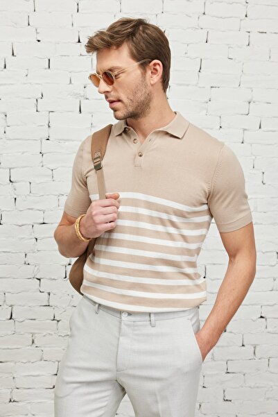 ALTINYILDIZ CLASSICS Men's Mink-ecru Standard Fit Regular Cut Polo Neck 100% Cotton Short Sleeve Striped Knitwear T-Shirt