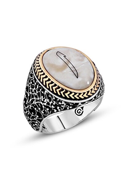 Takılingo 925 Ayar Gümüş Oval Sedef Taş Üzeri Elif Yazılı Telkari Model Erkek...