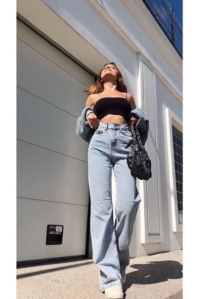 LİMABEL Blugi cu talie înaltă, albastru deschis, spălare cu efect de zăpadă, ...