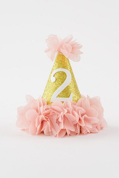 Banamio 2 Year Old Funnel Elastic Birthday Glitter Party Hat Crown (powder)