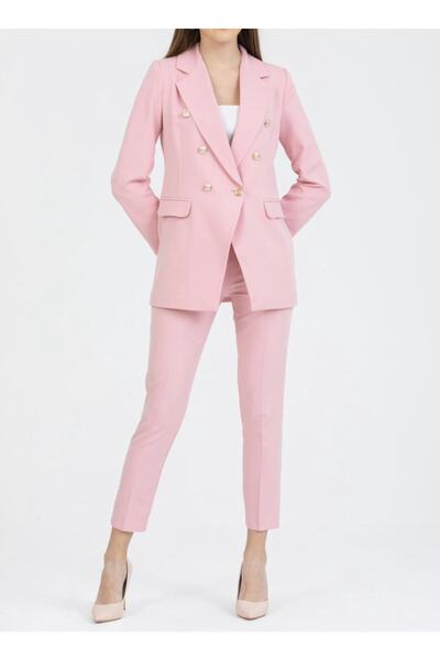 pembekurdelem Women's Blazer Jacket Belted Trousers Set Pink