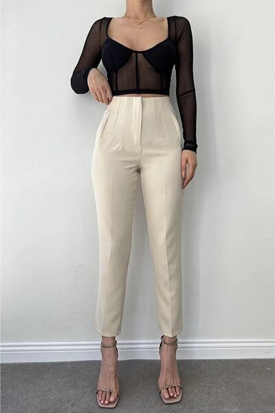 PALAZZO Women's Beige Wide Belt Classic Leg Fabric Pants Ultra High Waist
