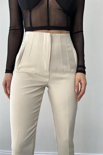PALAZZO Women's Beige Wide Belt Classic Leg Fabric Pants Ultra High Waist