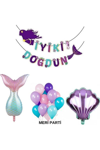 MERİ PARTİ Mermaid Concept Happy Birthday 3D Banner Foil Balloon Latex Balloon