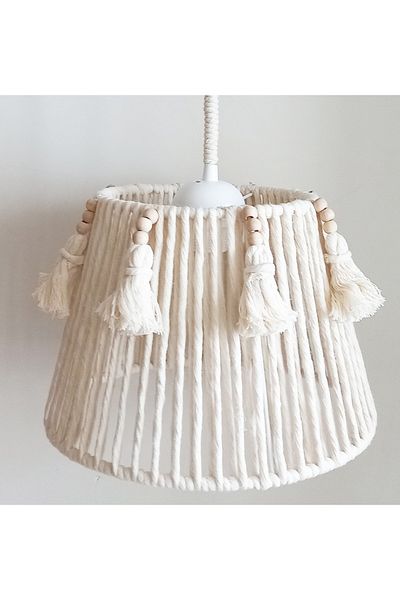 C&A&B KUZEY AVİZE Ecru Macrame String Wrap Wooden Beads and Fringed Design Baby-Child-Teen Room Pendant Lamp Chandelier