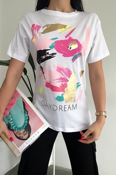 FEMELLE Tricou alb din bumbac aurit cu imprimeu de sezon nou