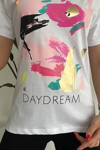 FEMELLE Tricou alb din bumbac aurit cu imprimeu de sezon nou