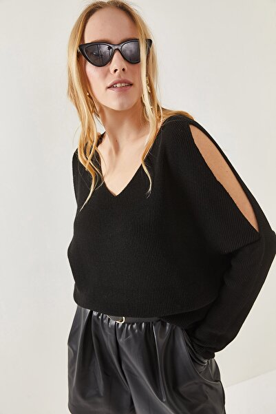Olalook Dámská černá halenka s výstřihem do V na ramenou, ležérní pletená halenka s nízkým výstřihem BLZ-19002191