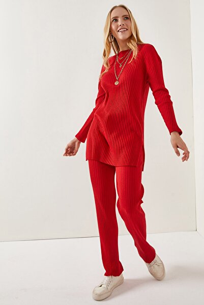 Olalook Kadın Kırmızı Üst Yırtmaçlı Bluz Alt Palazzo Fitilli Takım TKM-19000180
