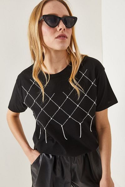 Olalook Dámské černé bavlněné tričko s geometrickým kamenem TSH-19000699